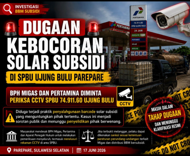 Dugaan Kebocoran Solar Subsidi di SPBU 74.911.60 Ujung Bulu Parepare Jadi Sorotan
